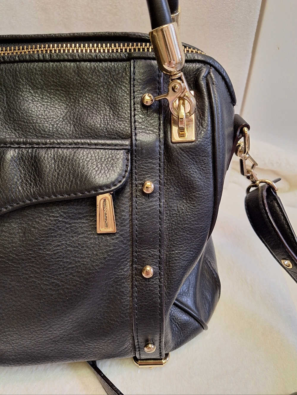 Rebecca Minkoff Cupid Satchel Black Pebbled Leather Gold Studded Bag VGUC - Picture 11 of 15